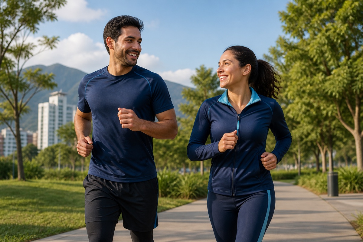Dos adultos jóvenes corriendo juntos al aire libre